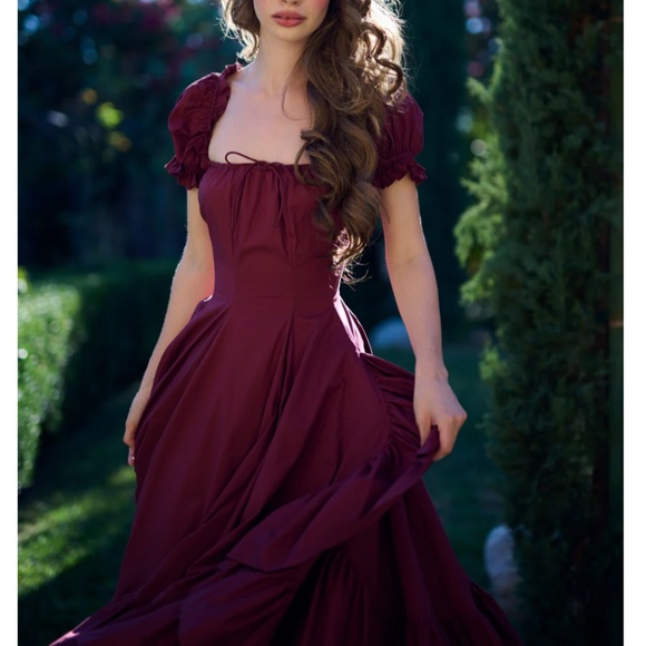 NEW Selkie The Bordeaux Foxglove Lace Up Midi Cotton Dress - Burgundy Wine Red - Picture 9 of 11